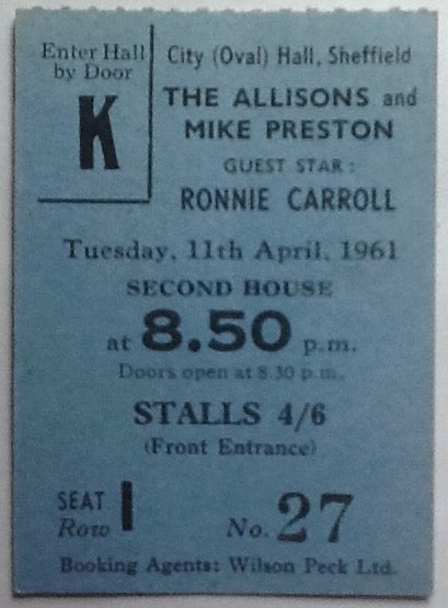 Allisons Mike Preston Original Used Concert Ticket City Hall Sheffield 1961