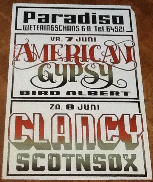American Gypsy Clancy Original Concert Tour Gig Poster Paradiso Club Amsterdam 1974