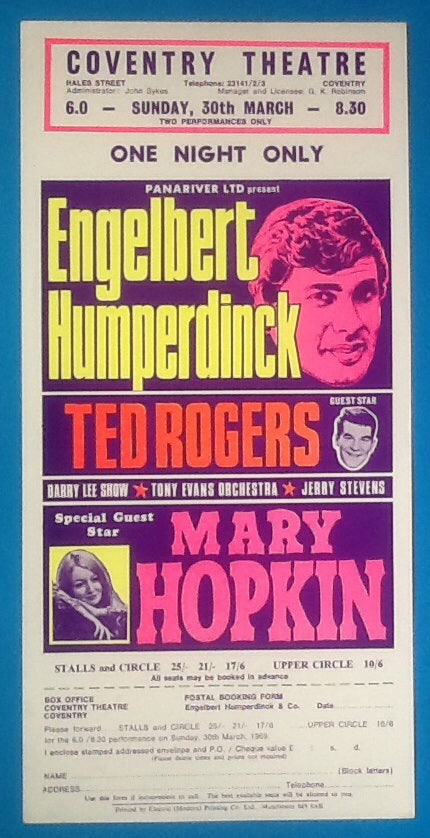 Mary Hopkin Engelbert Hunmperdinck Flyer- Handbill Coventry 1969