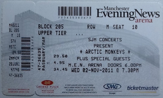 Arctic Monkeys Original Unused Concert Ticket MEN Arena Manchester 2011