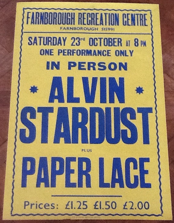 Alvin Stardust Paper Lace Original Concert Tour Gig Poster Farnborough Recreation Centre 1976