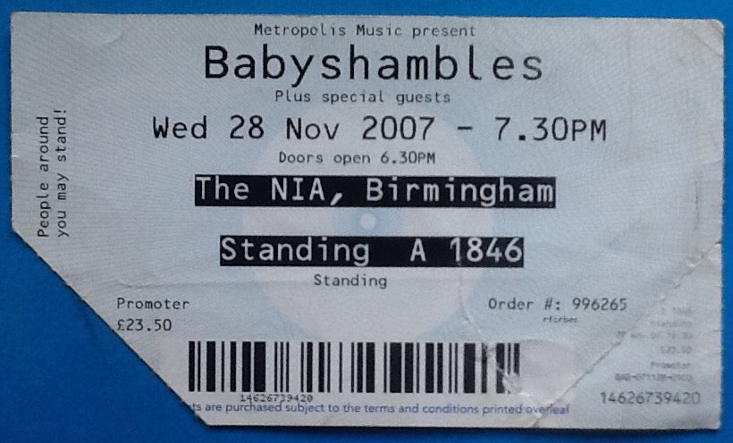 Babyshambles Original Used Concert Ticket Birmingham 2007