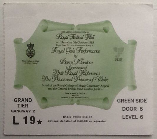 Barry Manilow Original Used Concert Ticket Royal Gala Performance Royal Festival Hall London 1983