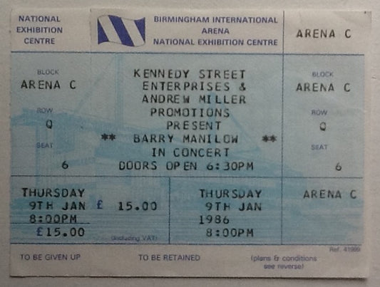 Barry Manilow Original Unused Concert Ticket NEC Arena Birmingham 9th Jan 1986