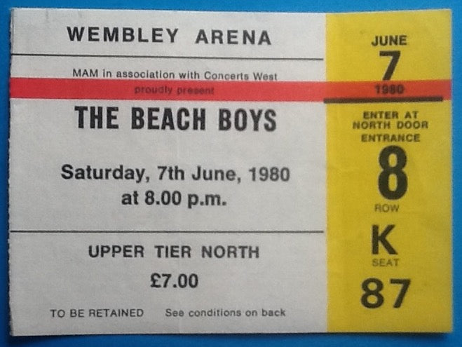 Beach Boys Original Used Concert Ticket Wembley Arena London 7th June 1980