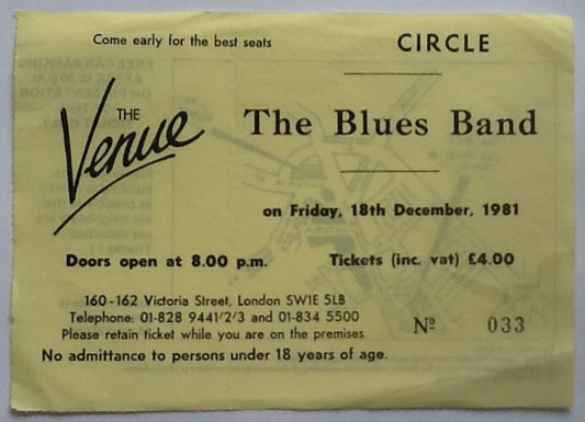 Blues Band Original Used Concert Ticket The Venue London 1981