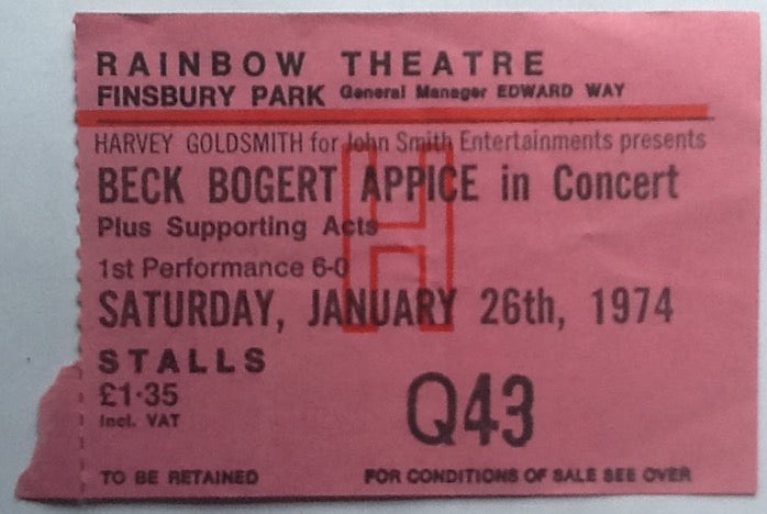 Beck Bogert Appice Original Used Concert Ticket Rainbow Theatre London 1974