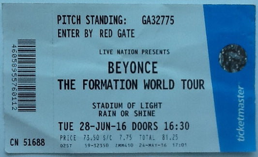 Beyonce Original Ununsed Concert Ticket Stadium of Light Sunderland 2016