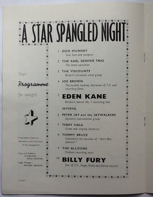 Billy Fury Eden Kane Joe Brown Original Concert Programme UK Tour 1961