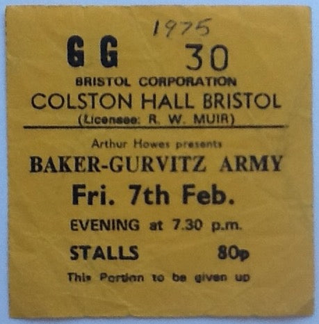 Baker-Gurvitz Army Original Used Concert Ticket Colston Hall Bristol 1975