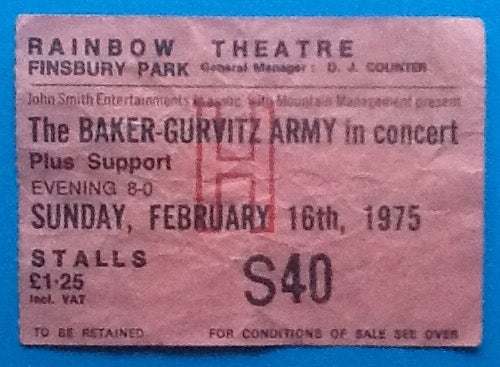 Baker Gurvitz Army Original Used Concert Ticket London 1975