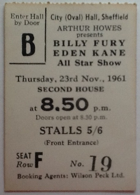 Billy Fury Eden Kane Original Used Concert Ticket City Hall Sheffield 1961