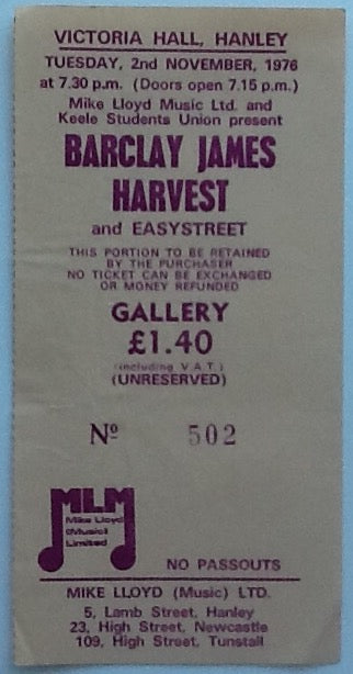 Barclay James Harvest Original Used Concert Ticket Victoria Hall Hanley 1976