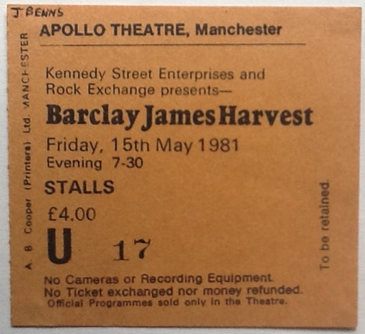 Barclay James Harvest Original Used Concert Ticket Apollo Theatre Manchester 1981