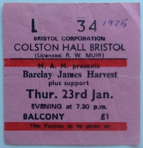 Barclay James Harvest Original Used Concert Ticket Colston Hall Bristol 1975