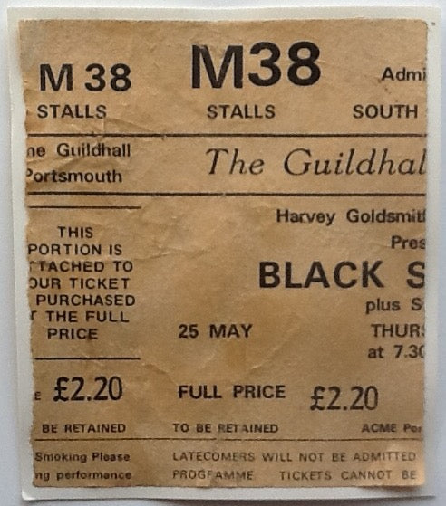Black Sabbath Original Used Concert Ticket Guildhall Portsmouth 1978