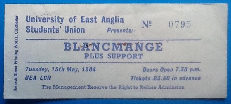 Blancmange Original Used Concert Ticket Norwich 1984