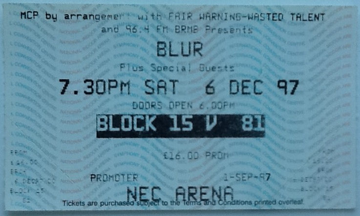 Blur Original Unused Concert Ticket NEC Arena Birmingham 1997