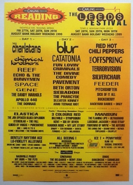 Blur Red Hot Chili Peppers Coldplay Original Handbill Flyer Reading Leeds Festivals 1999