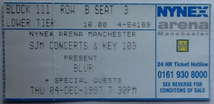 Blur Original Used Concert Ticket NYNEX Arena Manchester 1997