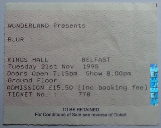 Blur Original Used Concert Ticket Kings Hall Belfast 1995