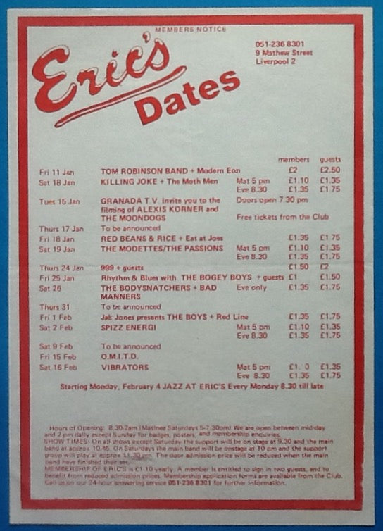 Bad Manners Killing Joke OMD Original Concert Handbill Flyer Eric's Liverpool 1980