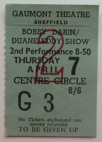 Bobby Darin Duane Eddy Original Used Concert Ticket Gaumont Theatre Sheffield 1960