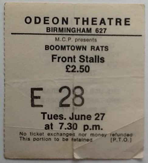 Boomtown Rats Original Used Concert Ticket Odeon Theatre Birmingham 1978