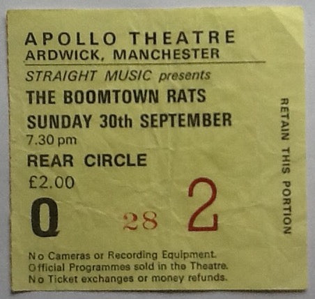 Boomtown Rats Original Used Concert Ticket Apollo Theatre Manchester 1979