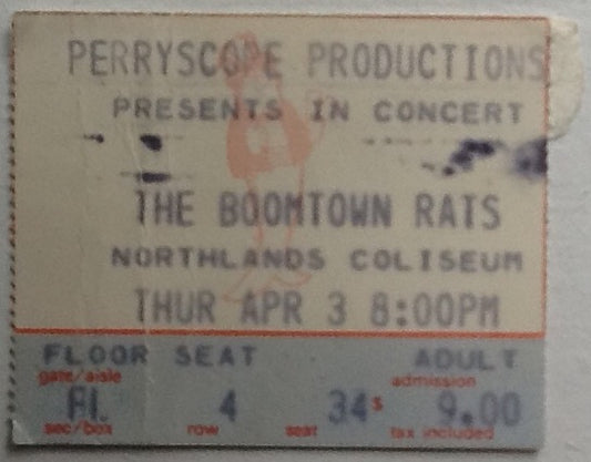 Boomtown Rats Original Used Concert Ticket Northlands Coliseum Edmonton 1980