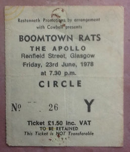Boomtown Rats Used Concert Ticket Glasgow 1978