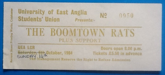 Boomtown Rats Original Used Concert Ticket Norwich 1984