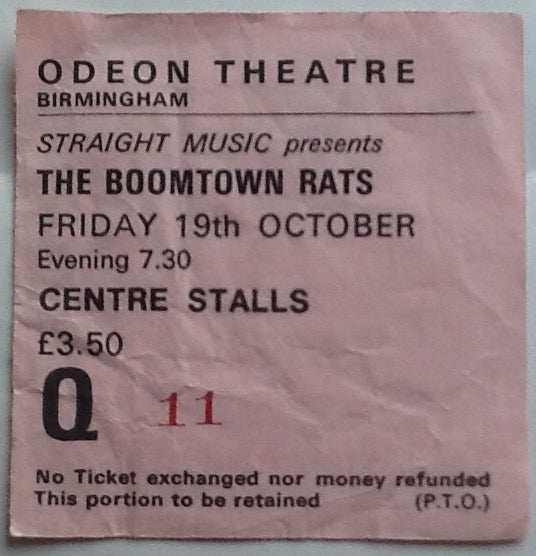 Boomtown Rats Original Concert Ticket Odeon Theatre Birmingham 19 Oct 79