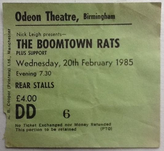 Boomtown Rats Original Used Concert Ticket Odeon Theatre Birmingham 1985