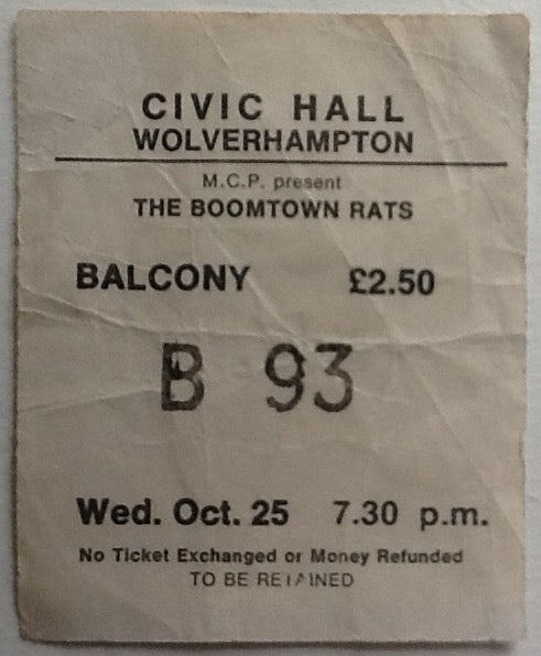 Boomtown Rats Original Used Concert Ticket Civic Hall Wolverhampton 1978