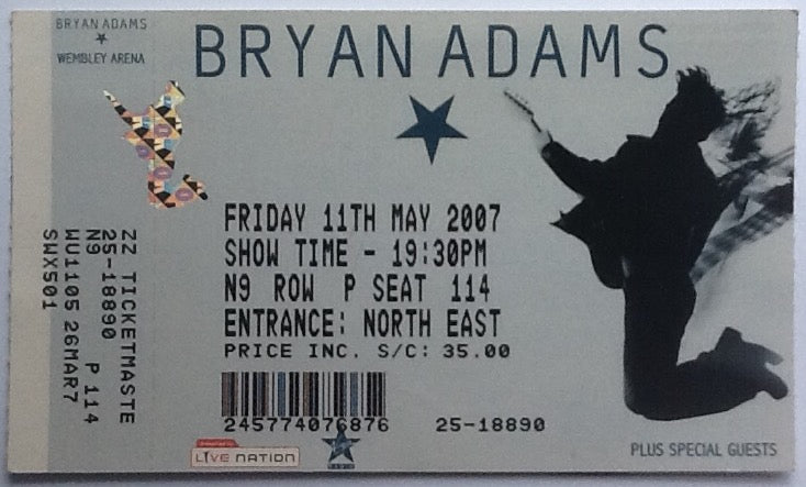 Bryan Adams Original Unused Concert Ticket Wembley Arena London 2007