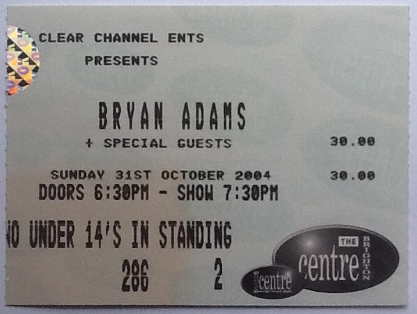 Bryan Adams Original Used Concert Ticket Brighton Centre 2004