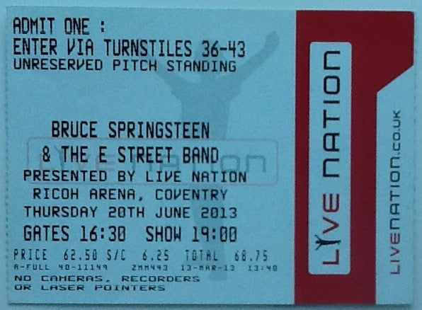 Bruce Springsteen & The E Street Band Original Used Concert Ticket Ricoh Arena Coventry 2013