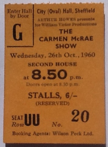 Carmen McRae Original Used Concert Ticket City Hall Sheffield 1960