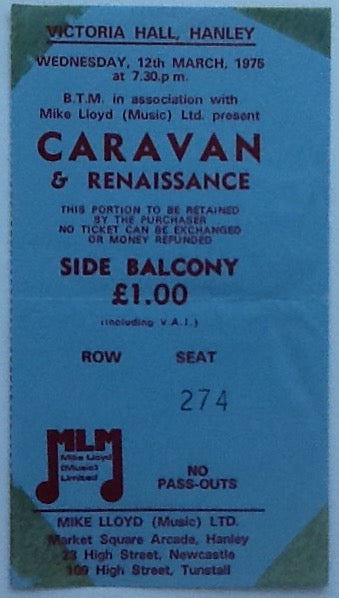 Caravan Renaissance Original Used Concert Ticket Victoria Hall Hanley 1975
