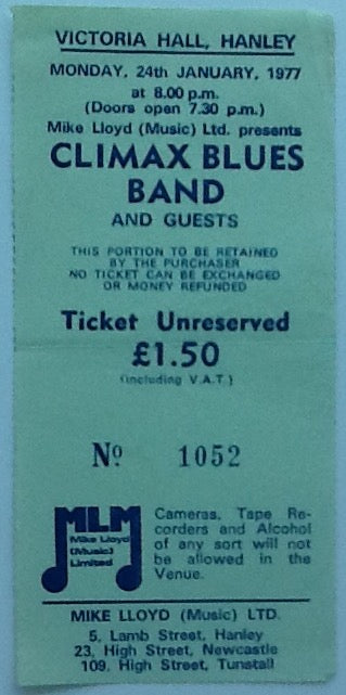 Climax Blues Band Original Used Concert Ticket Victoria Hall Hanley 1977