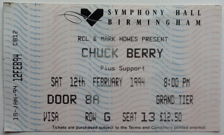 Chuck Berry Original Used Concert Ticket Symphony Hall Birmingham 1994