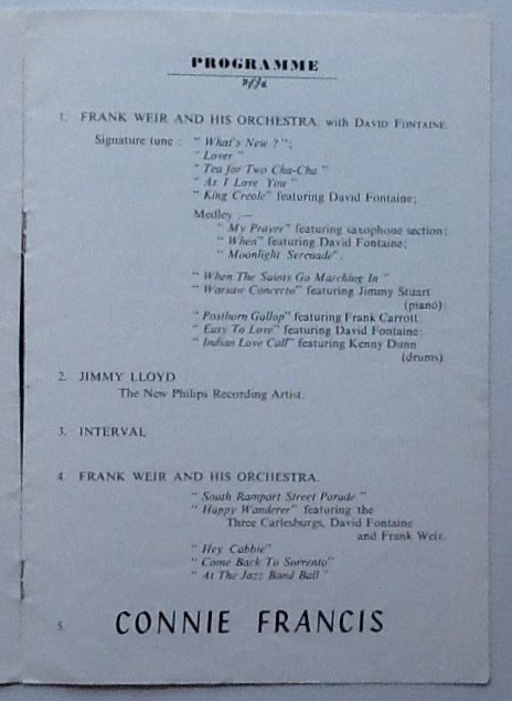 Connie Francis Jimmy Lloyd Original Concert Programme De Montfort Hall Leicester 1959