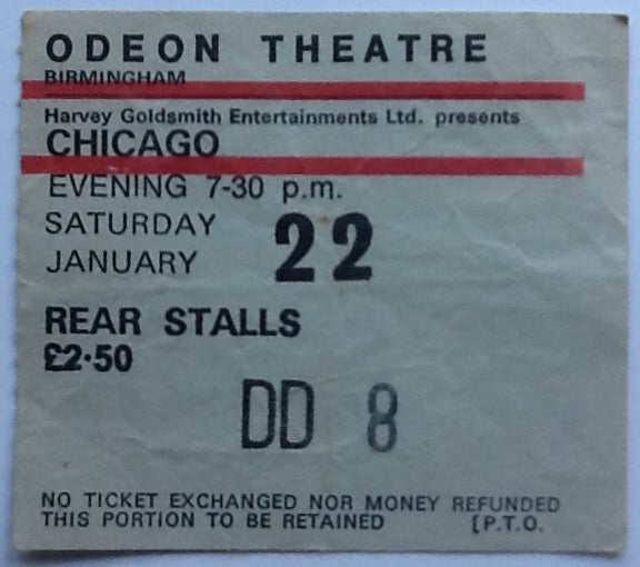 Chicago Original Used Concert Ticket Odeon Theatre Birmingham 22nd Jan 1977