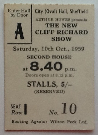 Cliff Richard Original Early Concert Ticket City Hall Sheffield 10th Oct 1959
