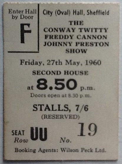 Conway Twitty Freddie Cannon Johnny Preston Original Concert Ticket City Hall Sheffield 1960