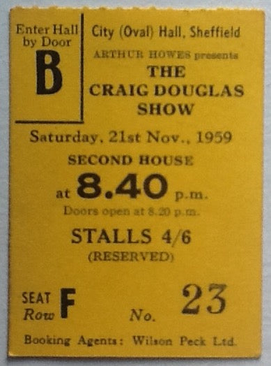 Craig Douglas Original Used Concert Ticket City Hall Sheffield 1959