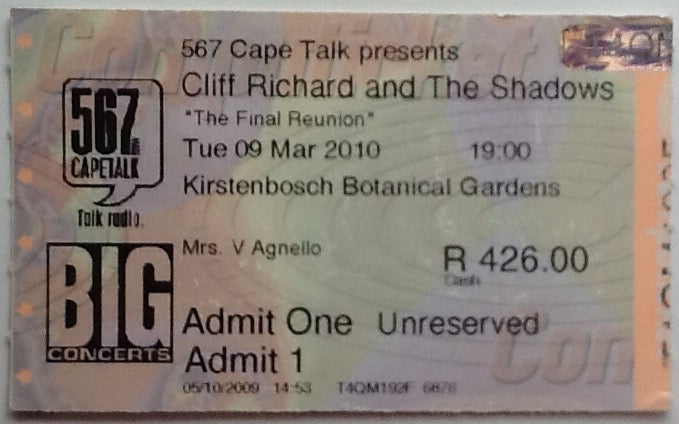 Cliff Richard and The Shadows Original Used Concert Ticket Kirstenbosh Botanical Gardens Cape Town 2010