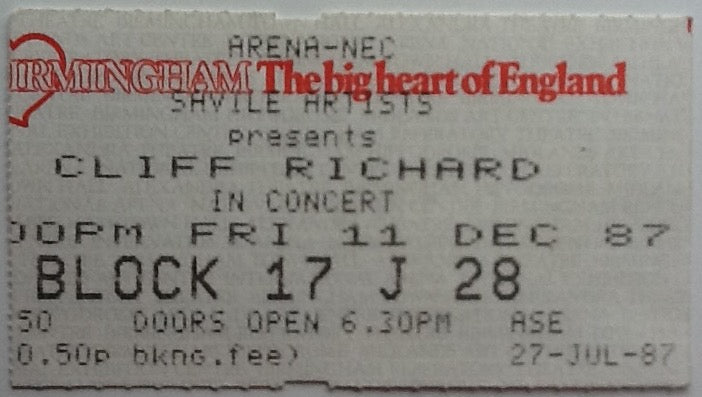 Cliff Richard Original Used Concert Ticket NEC Arena Birmingham 1987