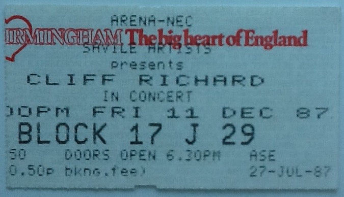 Cliff Richard Original Used Concert Ticket NEC Arena Birmingham 1987